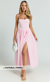 Morris Midi Dress - Linen Scoop Neck Gathered Dress in Pink