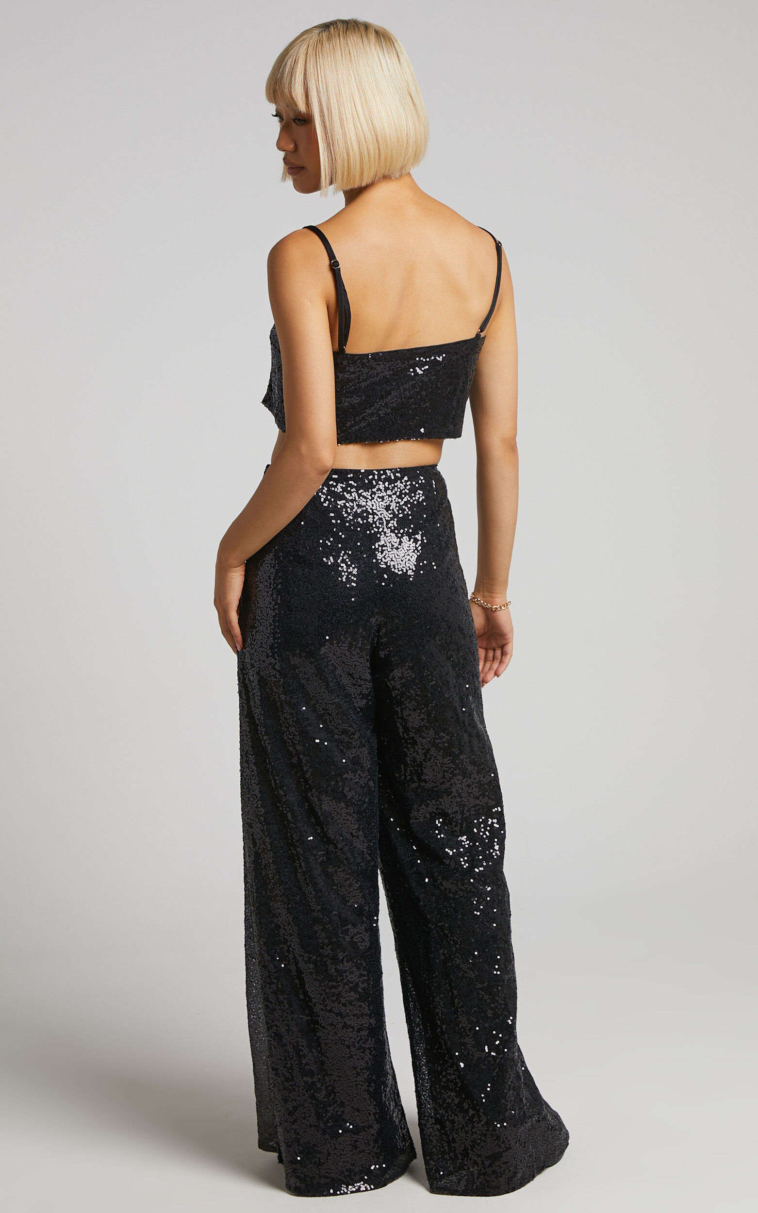 Looma Sequin Pants High Waisted Super Wide Leg Pants in Black