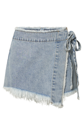 Ellyza Skort - Recycled Cotton Frayed Edge Wrap Denim Skort in Mid Blue ...