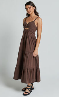 Adia Midi Dress - Front Keyhole Tie Back Tiered Dress in Chocolate