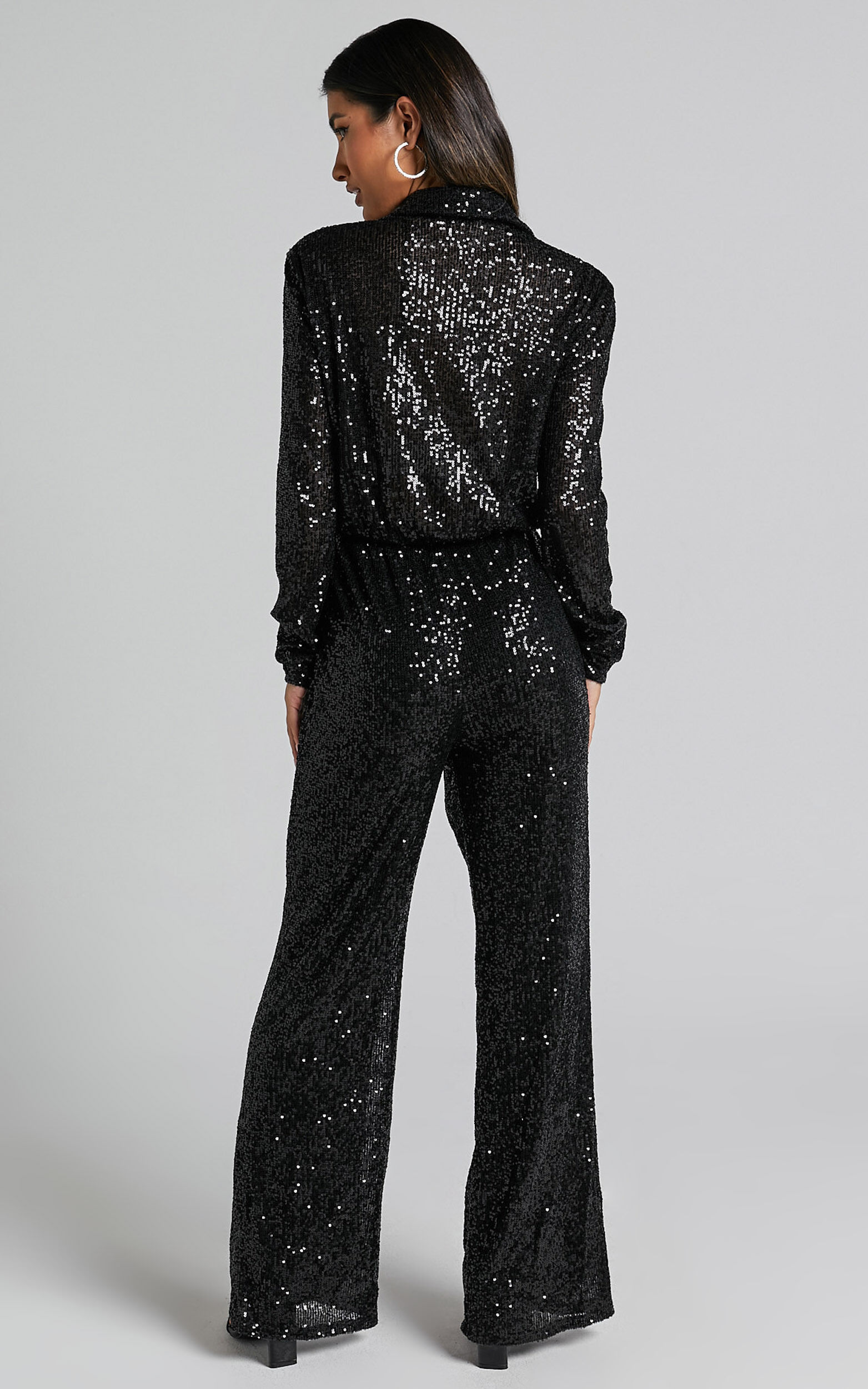 Black sequin shop jumpsuit long sleeve