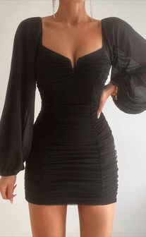 Clydee Mini Dress - Ruched Sweetheart Cut Out Long Sleeve Dress in Black