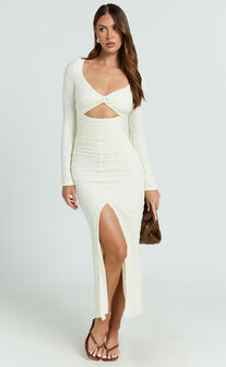 Delaney Midi Dress - Long Sleeve Twist Front Bodycon Dress in Cream