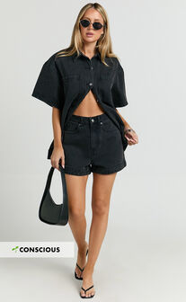 Rhianna Shorts - Mid Waist Recycled Denim Shorts in Washed Black