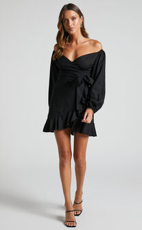 Cant Move On Off Shoulder Mini Linen Blend Dress in Black Linen Look