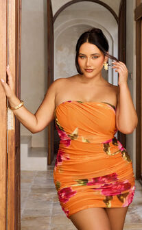 Theadore Mini Dress - Strapless Ruched Bodycon Dress in Tropical Sunset