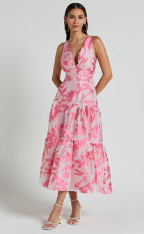 Reba Midi Dress - V Neck Tiered Jacquard Dress in Pink