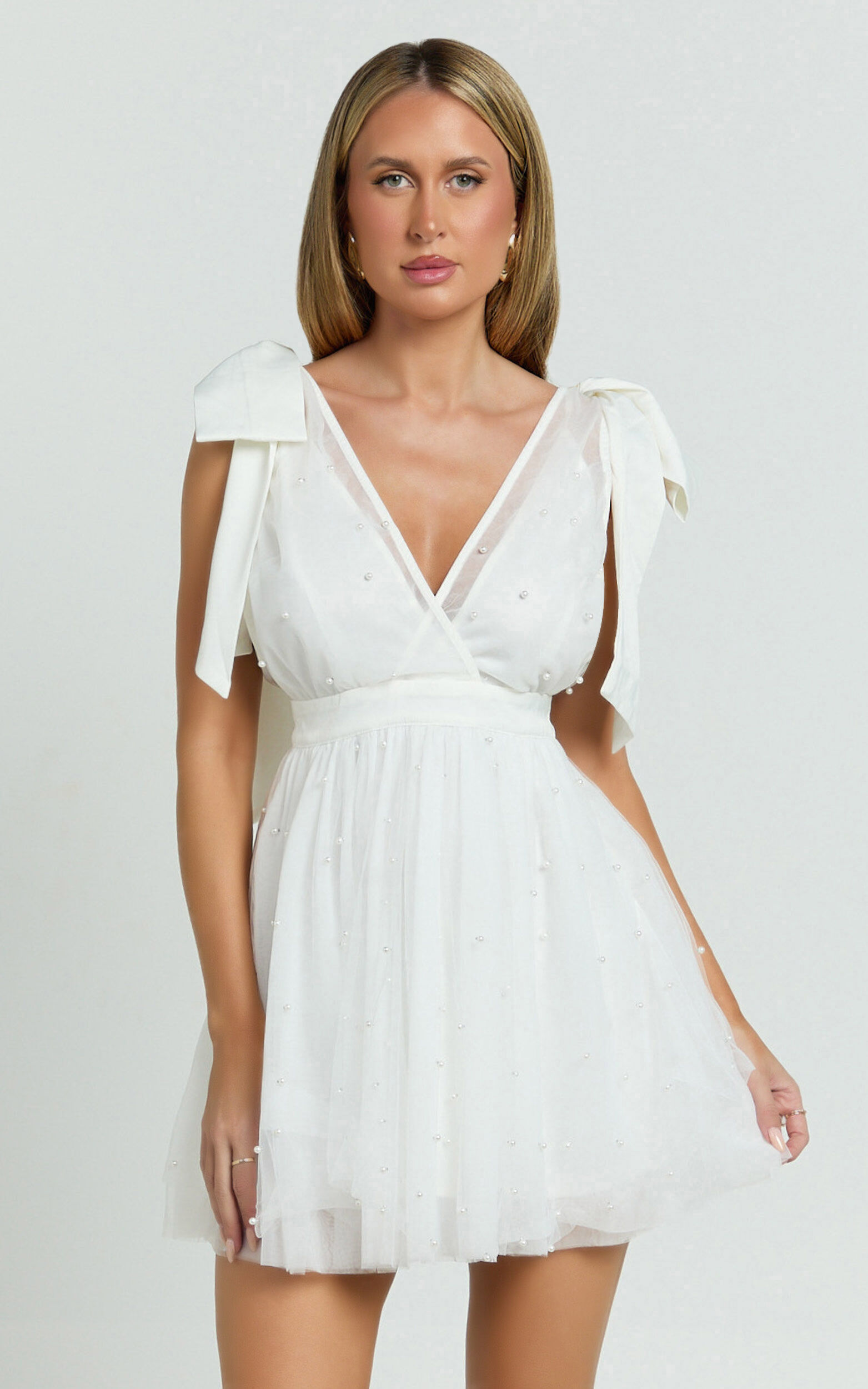 Karalyn Mini Dress - Bow Strap Plunge Pearl Detail Dress in