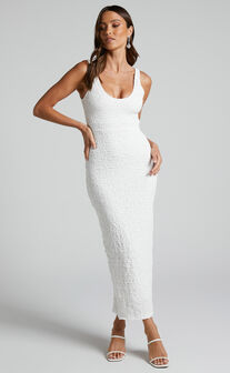 Philine Midi Dress - Plunge Fit and Flare Dress in White