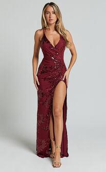 Out Till Dawn Maxi Dress - Thigh Split Dress in Wine Sequin