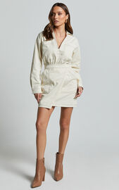 Lilianna Mini Dress - V Neck Long Sleeve Wrap Dress in Cream | Showpo USA