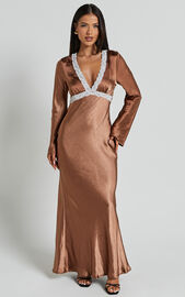 Carmela Midi Dress - Long Sleeve V Neck Lace Detail Dress in Chocolate ...