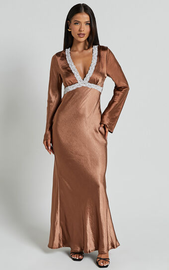 Carmela Midi Dress - Long Sleeve V Neck Lace Detail Dress in Chocolate