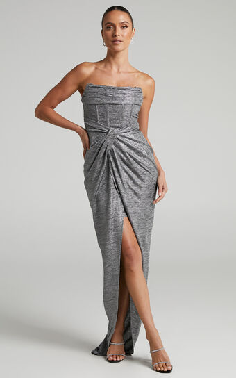 Adrie Midi Dress - Strapless Corset Bodice Dress in Gunmetal