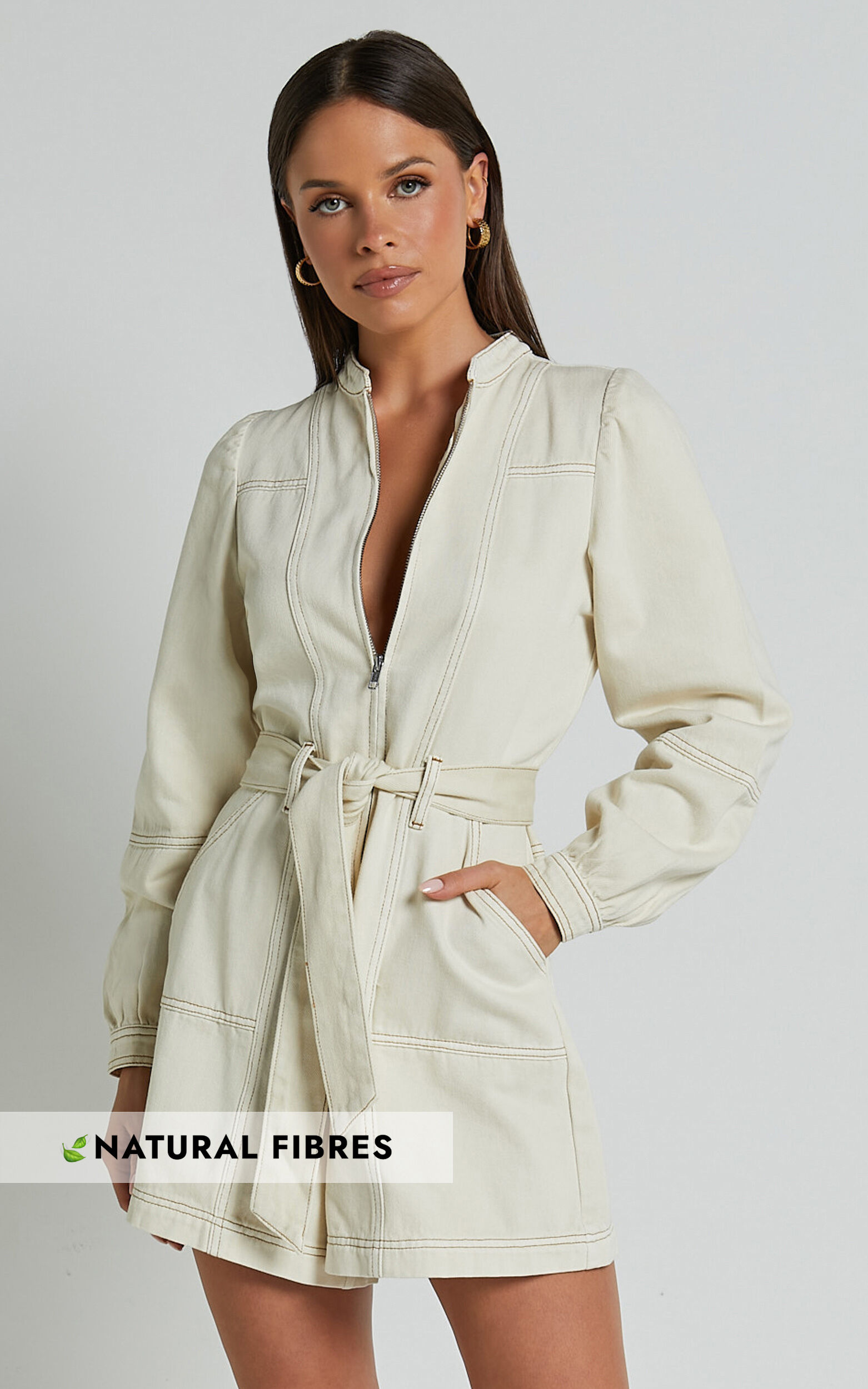 Cenna Playsuit Zip Front Long Sleeve Denim Playsuit in Ecru Wash Showpo EU