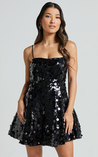 Nikola Mini Dress - Fit and Flare Sequins Dress in Black