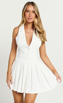 Hannah Mini Dress - Tailored Button Down Pleated Mini Dress in White