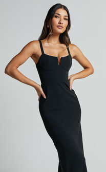 Evie Midi Dress - Strappy U Bar Sleeveless Dress in Black