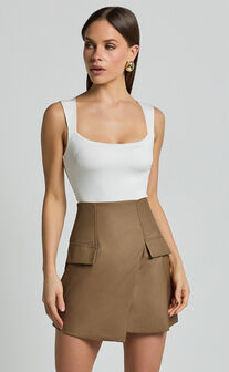 Haidy Mini Skirt - Faux Pockets Wrap Skirt in Taupe