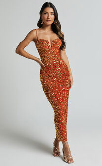 Rayner Midi Dress - V Bar Sequin Bodycon Dress in Copper