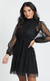Selene Tiered Mesh Mini Dress In Black Spot | Showpo USA