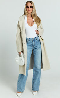 Libee Coat - Double Breasted Longline Coat in Oatmeal