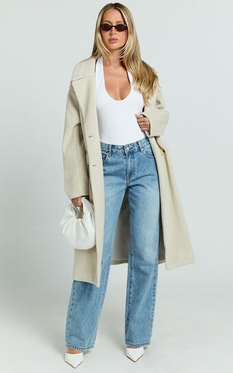 Libee Coat - Double Breasted Longline Coat in Oatmeal