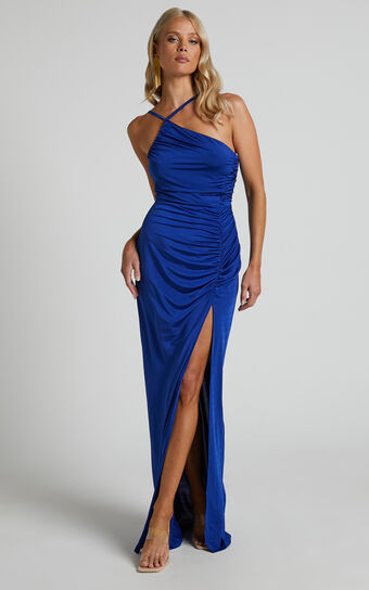Mhira Maxi Dress - One Shoulder Side Split Dress in Blue