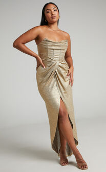 Adrie Midi Dress - Strapless Corset Bodice Dress in Gold
