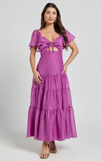 Patricia Midi Dress - Flutter Sleeve Tie Front Tiered Dress in Orchid