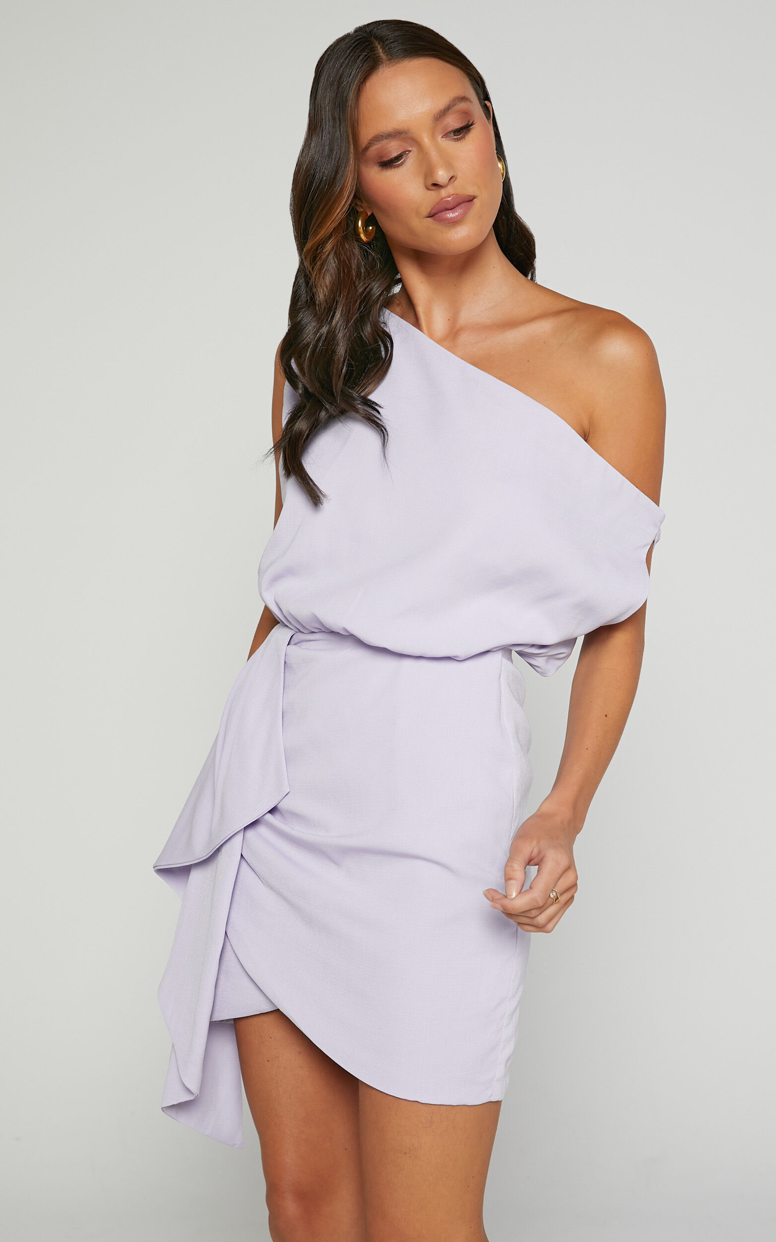Niana Mini Dress - Drape One Shoulder Dress in Lilac