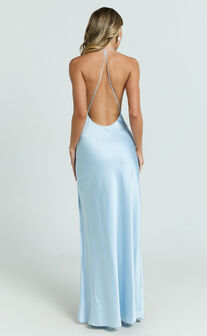 Kendall Maxi Dress - Satin Scoop Neck Low Back Bias Cut Dress in Blue