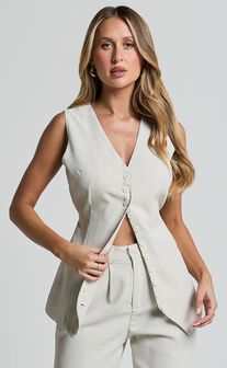 Gwyneth Vest - Button Up Longline Waistcoat in Stone