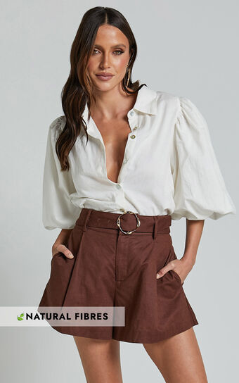 Amalie The Label - Noemie Linen Blend High Waisted Belted Tailored Shorts in Chocolate