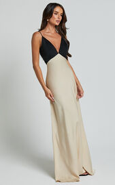 Quincy Maxi Dress - Contrast Panel Satin Slip Dress in Black/Champagne ...