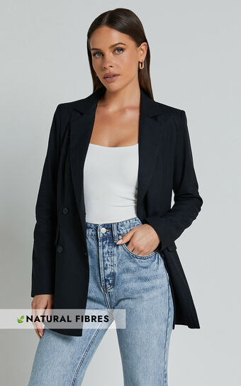 Celinee Blazer - Linen Look Double Breasted Long Sleeve Blazer in Black