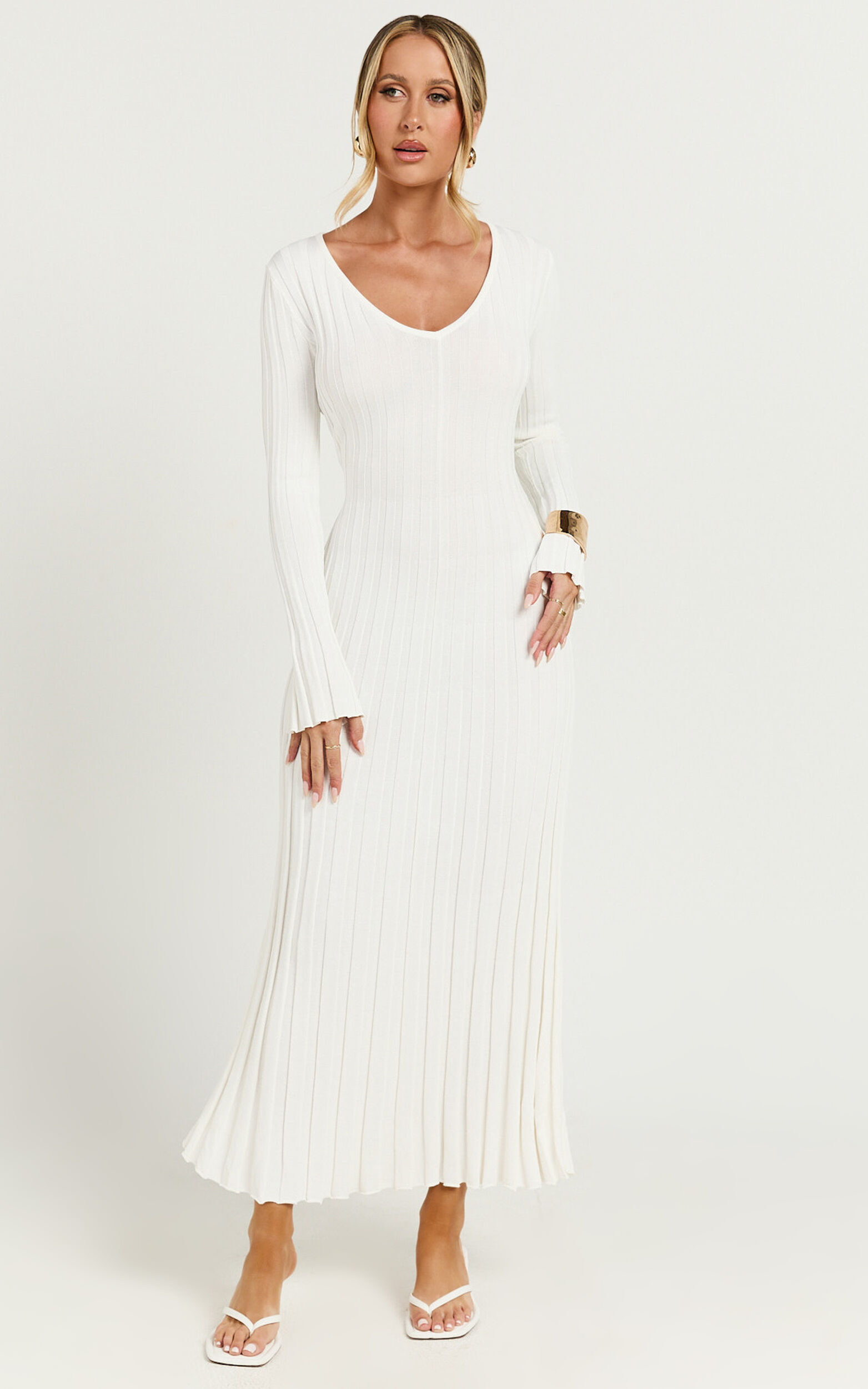 Astra Midi Dress - V Neck Long Sleeve Knit Dress in White - 06, WHT1