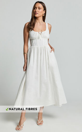Haylee Midi Dress - Corset Waist Gathered Bust Dress in Ivory | Showpo