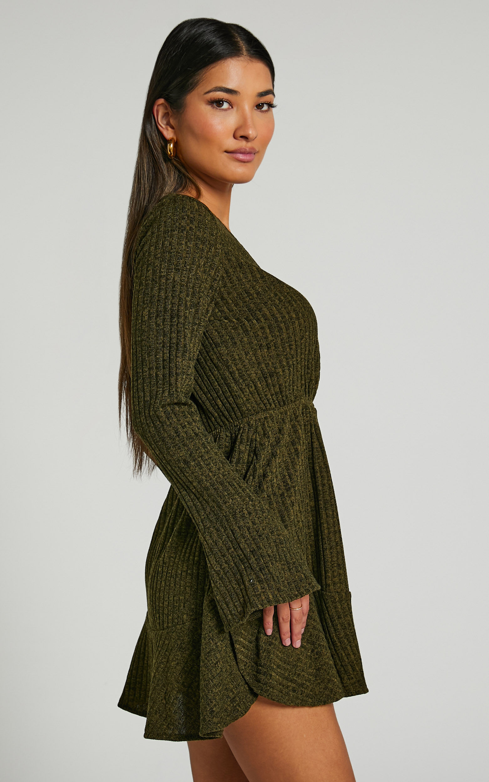 The Next Step Mini Dress Long Sleeve Dress in Khaki Showpo