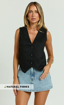 Kiraye Top - Linen Button Through Vest in Black