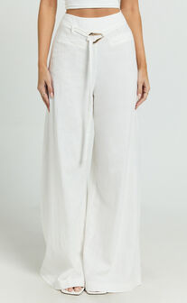 Kyra Pants - Linen Look Belted Wide Leg Pants in White