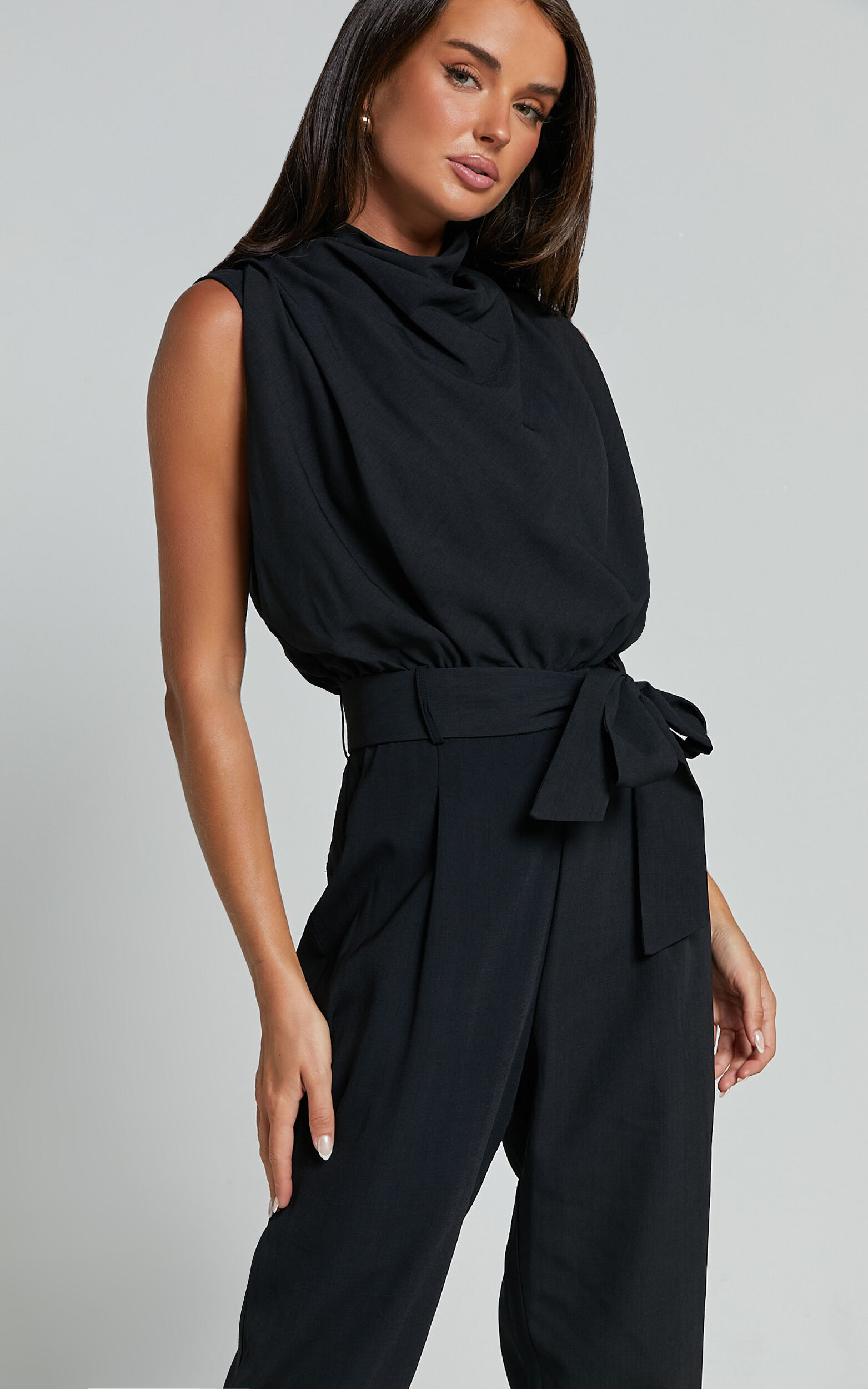 Arianae Jumpsuit High Neck Tie Waist Jumpsuit in Black Showpo