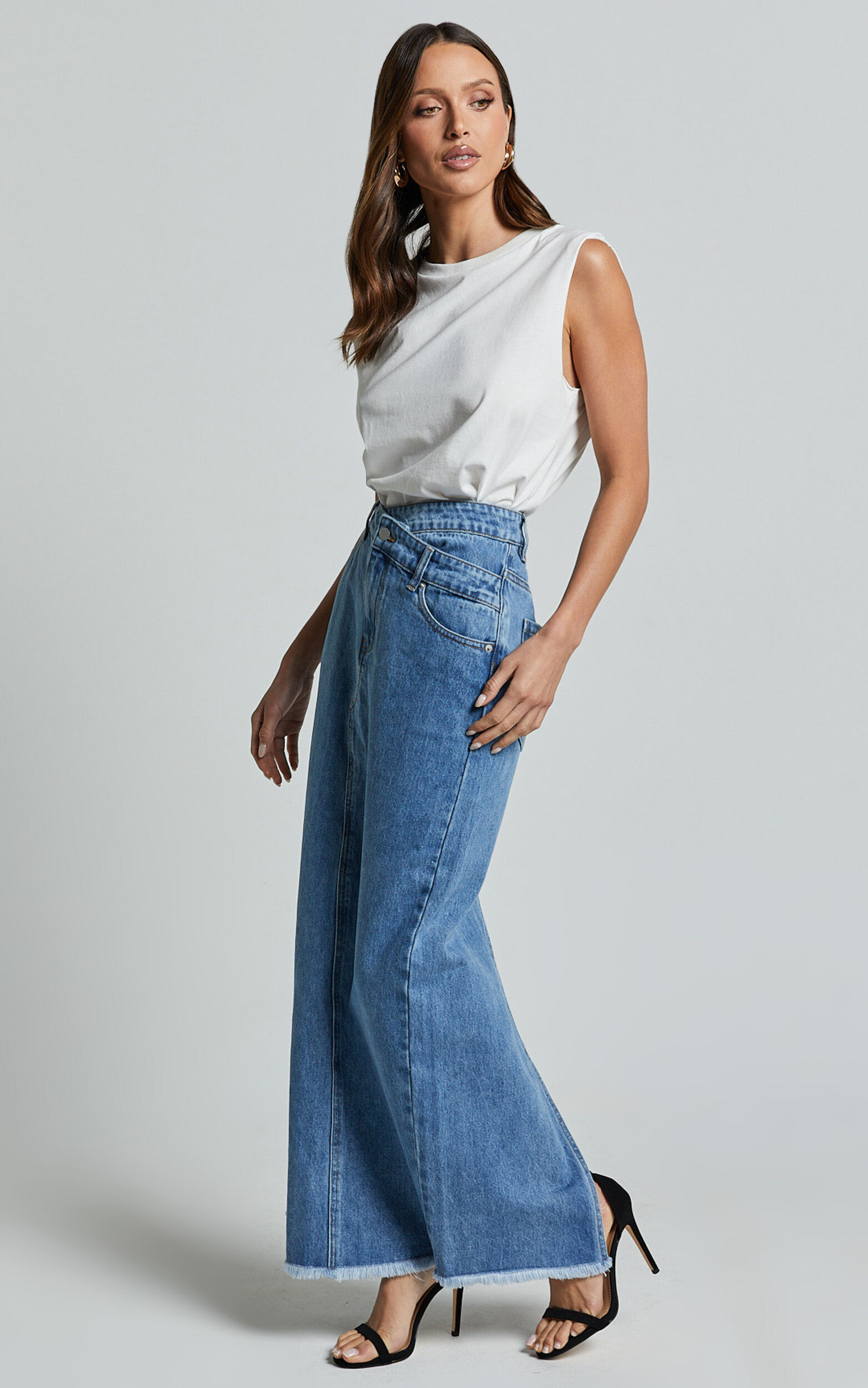 Evelyn Maxi Skirt High Asymmetrical Waist Frayed Hem Denim Skirt in Mid Blue Wash Showpo USA