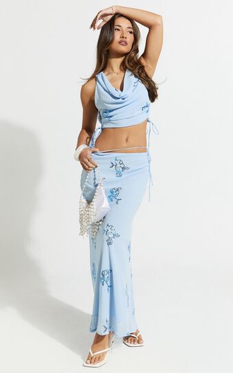 Aurora Two Piece Top and Skirt Set -  Floral Sequin Cowl Neck Top And Maxi Skirt in Baby Blue