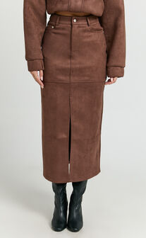 Nessa Midi Skirt - High Waisted Fitted Suede Skirt in Dark Chestnut