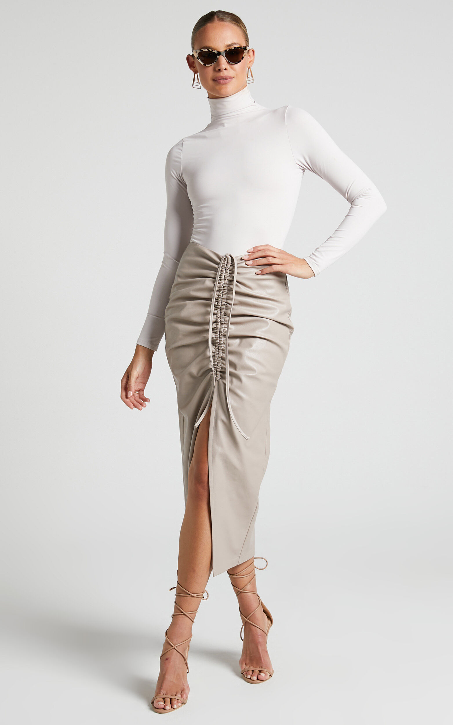 Beige Linen Look Ruched Side Split Leg Midi Skirt