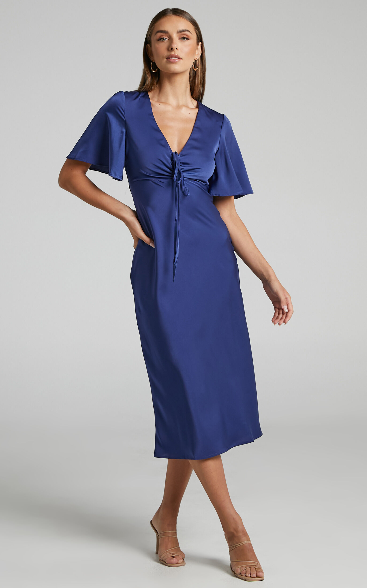 Nicholla Midi Dress - Ruched Front Angel Sleeve Slip Dress in Navy - 08, NVY2