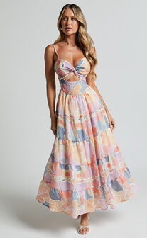 Elizabeth Maxi Dress - Tie Strap Cut Out Front Tiered Dress in Print