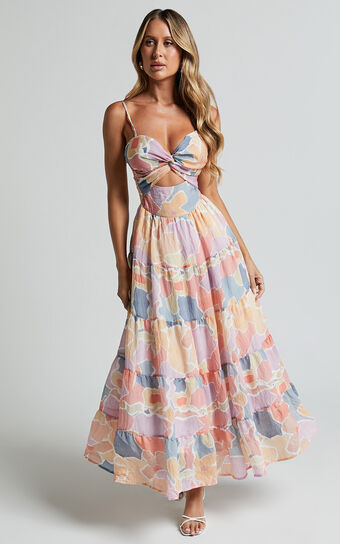 Elizabeth Maxi Dress - Tie Strap Cut Out Front Tiered Dress in Print 