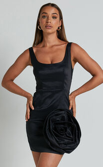 Datasha Mini Dress - Scoop Neck Sleeveless Rose Detail Dress in Black